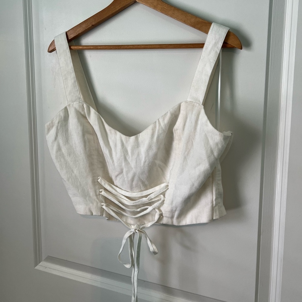 💌 A&F -‎ White Creame Lace-Up Linen-Blend Set Top - Picture 10 of 11
